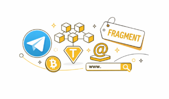 Лого месенджеру Телеграм, біткоїн, ефір та лого Fragment