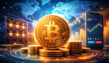 Біткоїн на фоні мапи світу, та графіку цін