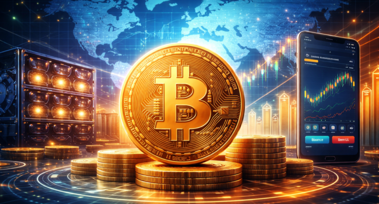 Біткоїн на фоні мапи світу, та графіку цін