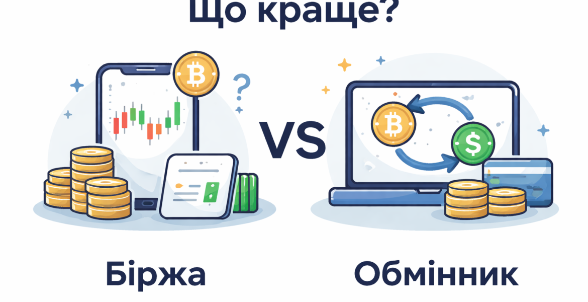 Порівняння криптобіржі та обмінника — графік криптовалюти на смартфоні та обмін Bitcoin на долар на ноутбуці