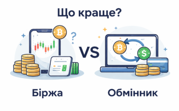 Порівняння криптобіржі та обмінника — графік криптовалюти на смартфоні та обмін Bitcoin на долар на ноутбуці