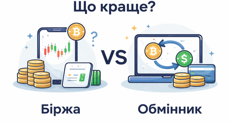 Порівняння криптобіржі та обмінника — графік криптовалюти на смартфоні та обмін Bitcoin на долар на ноутбуці