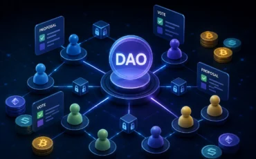 DAO з учасниками голосування, пропозиціями, смартконтрактами та криптовалютами в децентралізованій блокчейн-мережі.