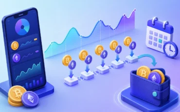DCA-стратегії в криптовалюті з регулярними покупками Bitcoin та Ethereum, графіком росту, календарем і криптогаманцем.