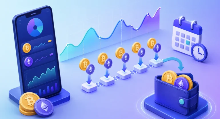dca-stratehiia-v-krypti DCA-стратегії в криптовалюті з регулярними покупками Bitcoin та Ethereum, графіком росту, календарем і криптогаманцем.