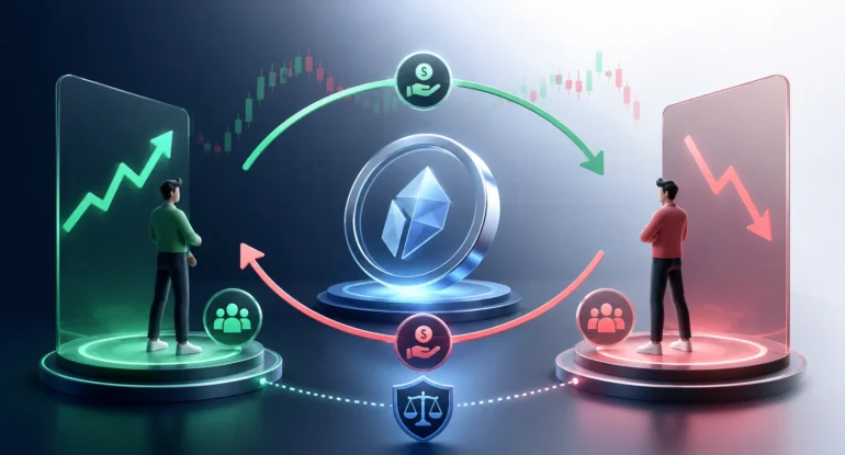 Фандингу у криптотрейдингу з Ethereum, лонг і шорт позиціями, графіком ціни та балансом виплат між трейдерами.