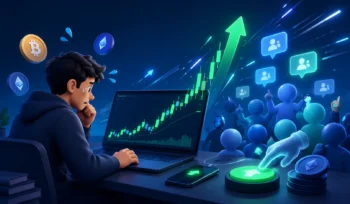 FOMO у криптотрейдингу з трейдером, графіком різкого зростання, натовпом інвесторів і символами Bitcoin та Ethereum.