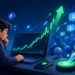 FOMO у криптотрейдингу з трейдером, графіком різкого зростання, натовпом інвесторів і символами Bitcoin та Ethereum.
