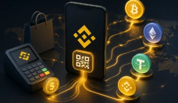 Binance Pay з телефоном, QR-кодом, платіжним терміналом і криптовалютами Bitcoin, Ethereum, USDT та BNB для цифрових платежів.