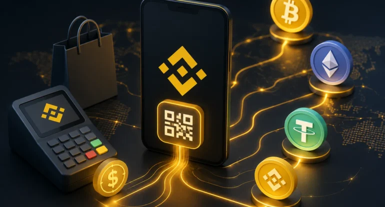 Binance Pay з телефоном, QR-кодом, платіжним терміналом і криптовалютами Bitcoin, Ethereum, USDT та BNB для цифрових платежів.